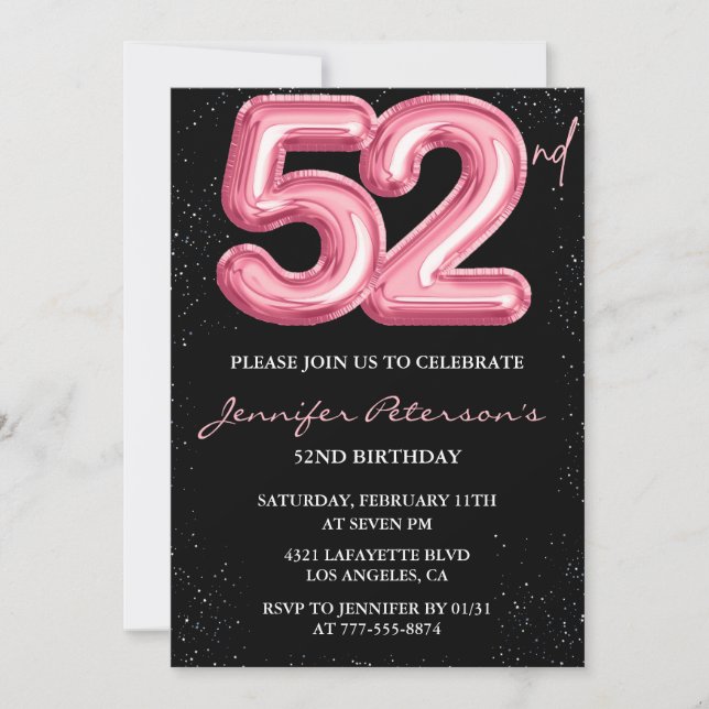 Black Pink Balloon Glam Glitter 52nd birthday Invitation (Front)
