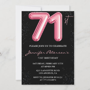 Black Pink Balloon Glam Glitter 71st birthday Invitation