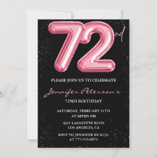 Black Pink Balloon Glam Glitter 72nd birthday Invitation