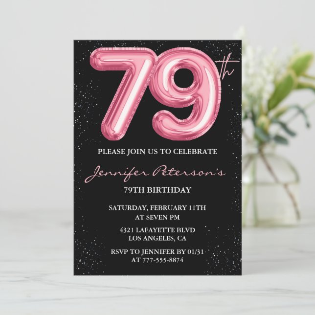 Black Pink Balloon Glam Glitter 79th birthday Invitation (Standing Front)