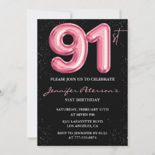 Black Pink Balloon Glam Glitter 91st birthday Invitation