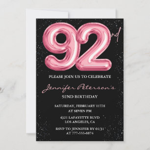 Black Pink Balloon Glam Glitter 92nd birthday Invitation