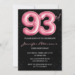Black Pink Balloon Glam Glitter 93rd birthday Invitation