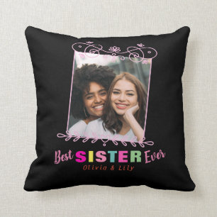 Black Pink Best Sister Ever BFF Photo Collage Throw Pillow