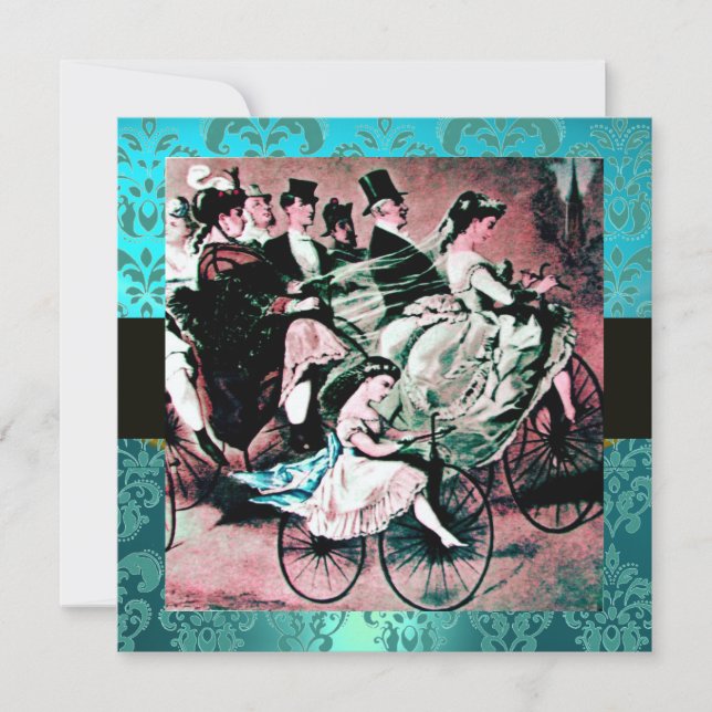 BLACK PINK BLUE BICYCLE WEDDING DAMASK MONOGRAM INVITATION (Front)