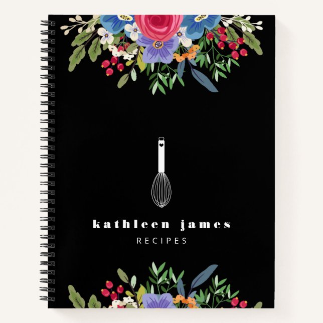 Black Pink Blue Flowers Balloon Whisk Name Notebook (Front)