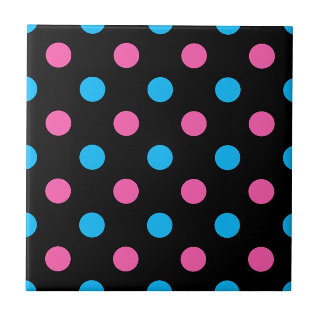 Black Pink Blue Polka Dot Pattern Tile (Front)