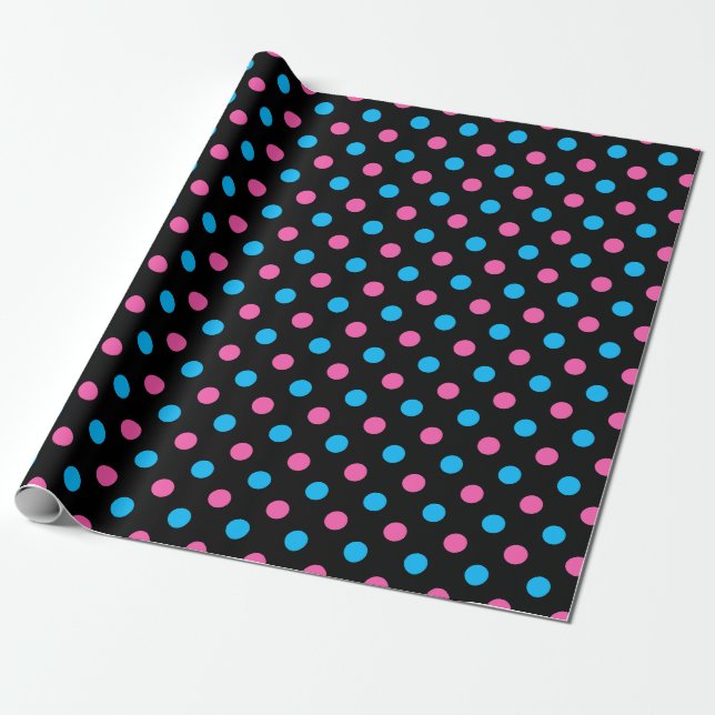 Black Pink Blue Polka Dot Pattern Wrapping Paper (Unrolled)