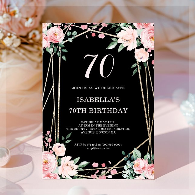 Black | Pink Blush Floral 70th Birthday Invitation (Creator Uploaded)
