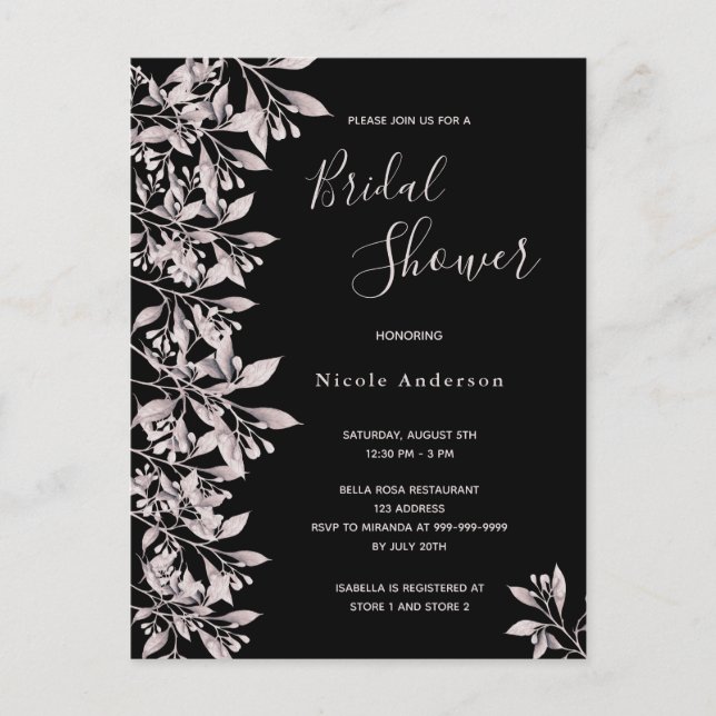 Black pink botanical Bridal Shower invitation Postcard (Front)