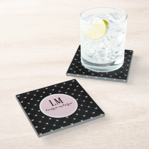 Black & Pink Bow Monogram Glass Coaster