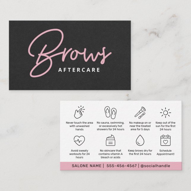 Black Pink Brows Aftercare PMU Brow Instructions B Business Card (Front/Back)