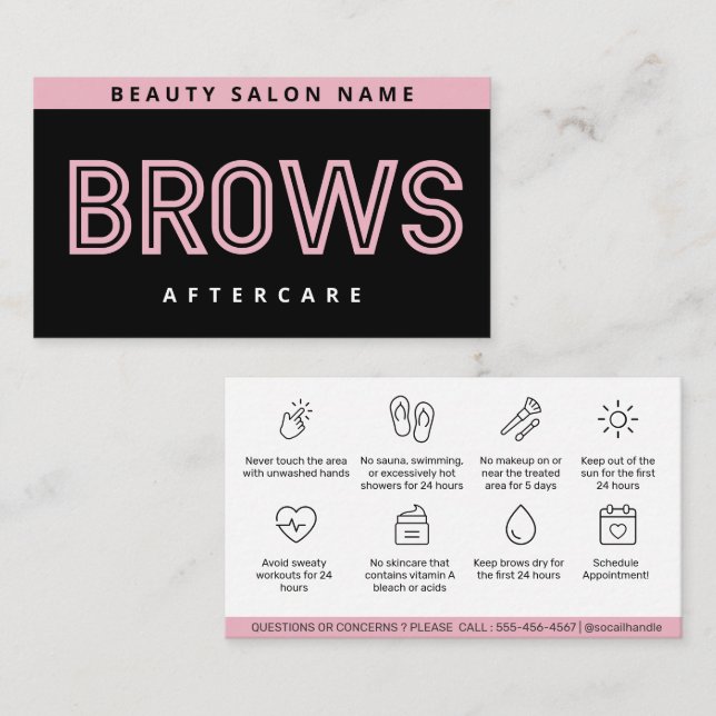 Black Pink Brows Aftercare PMU Brow Instructions Business Card (Front/Back)