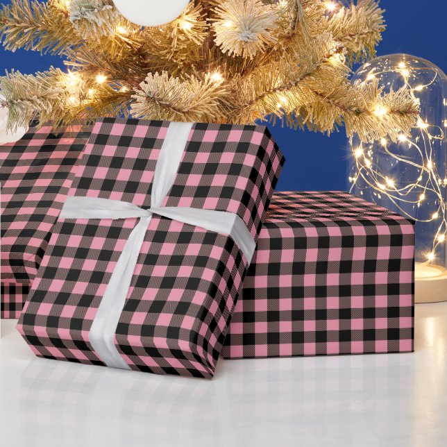 Black Pink Buffalo Plaid Pattern  Wrapping Paper (Holidays)