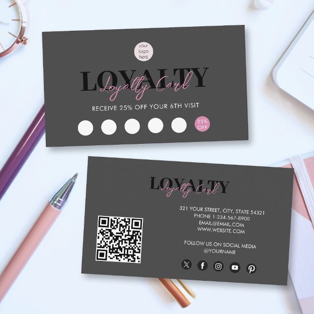 Black & Pink Business Logo QR Code Loyalty  Card (Black & Pink Business Logo QR Code Loyalty Business Card)