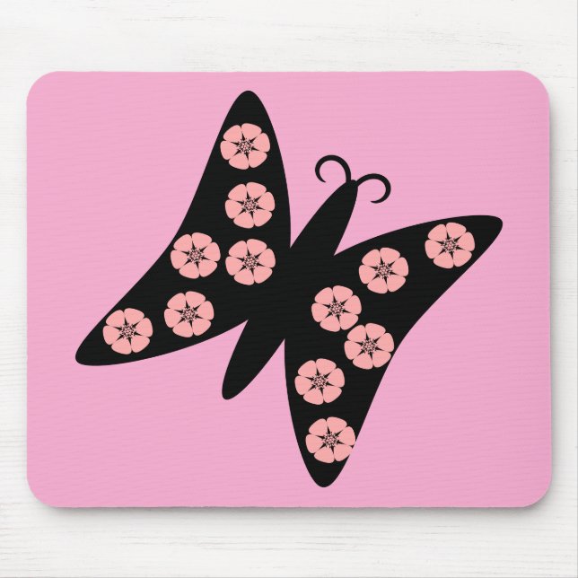 Black & Pink Butterfly Design Mouse Pad (Front)