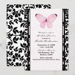 Black & Pink Butterfly Floral Bridal Shower Invitation