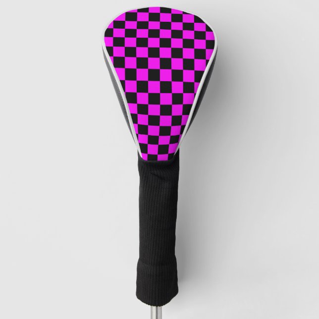 Black + Pink Check Chequered Chequerboard Pattern Golf Head Cover (Front)