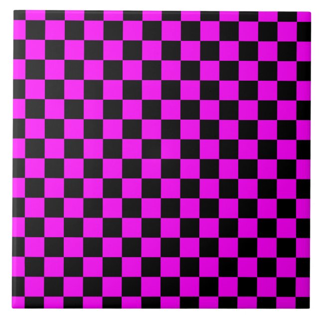 Black + Pink Check Chequered Chequerboard Pattern Tile (Front)