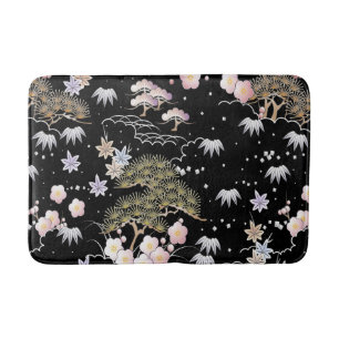 Black Pink Cherry Blossom Elegant Floral Pattern Bath Mat