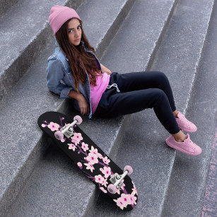 Black Pink Cherry Blossom Floral Cute Skateboard