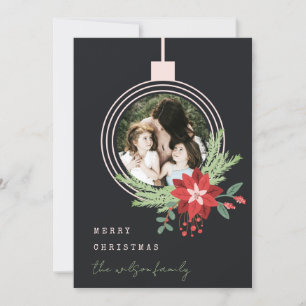 Black Pink Christmas Ornament Photo Poinsettia Holiday Card
