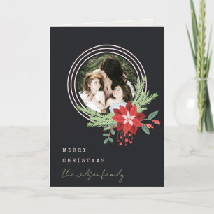 Black Pink Circle Christmas Photo Poinsettia Flora Holiday Card