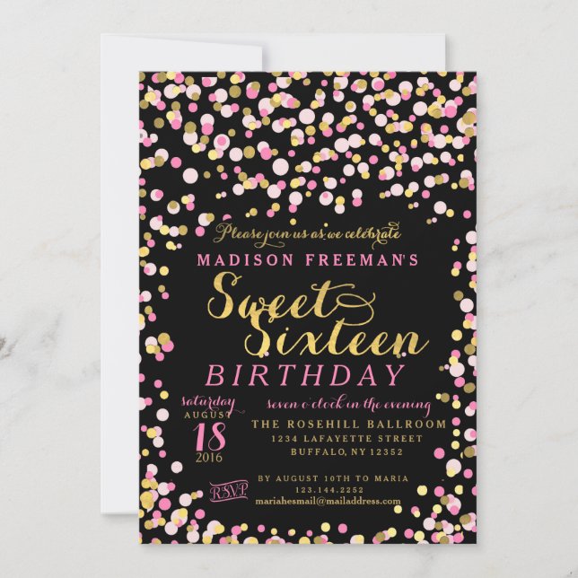 Black Pink Confetti Gold Foil Sweet 16 Party Invitation (Front)