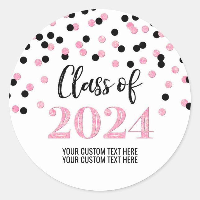 Black Pink Confetti Graduation 2024 Classic Round Sticker (Front)