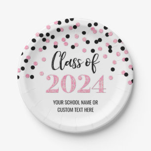 Black Pink Confetti Graduation 2024 Paper Plate
