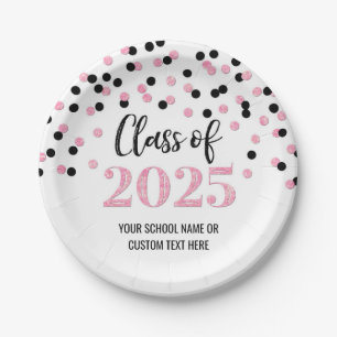 Black Pink Confetti Graduation 2025 Paper Plate
