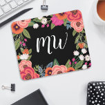 Black Pink Coral Boho Flower Frame Monogrammed Mouse Pad<br><div class="desc">Floral mouse-pad featuring a frame of hand-drawn flowers in orange,  hot pink,  coral red,  and blush pink against a black background. Add your initial in a pretty white calligraphy script.</div>