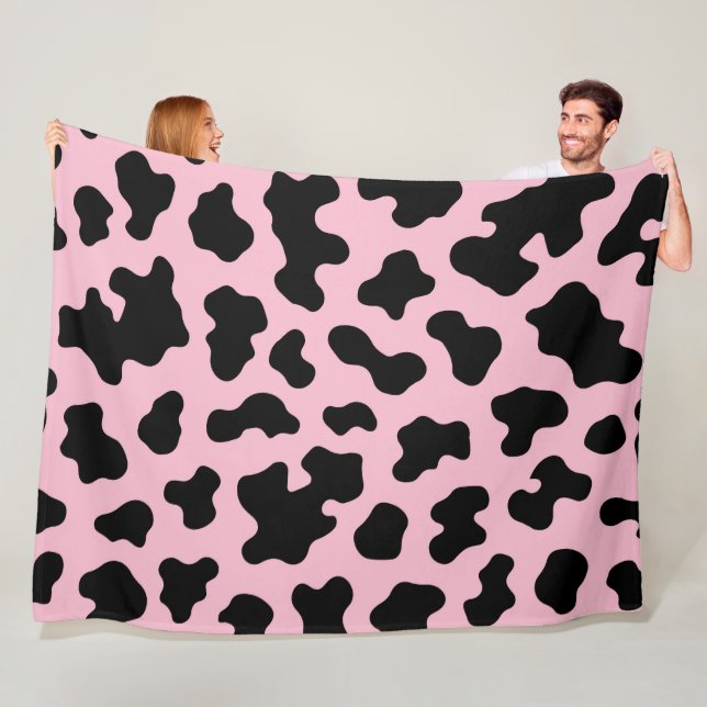 Black & Pink Cow Cowhide Print Fleece Blanket (In Situ)