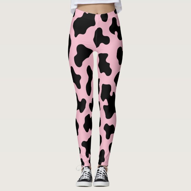 Black & Pink Cow Cowhide Print  Leggings (Front)