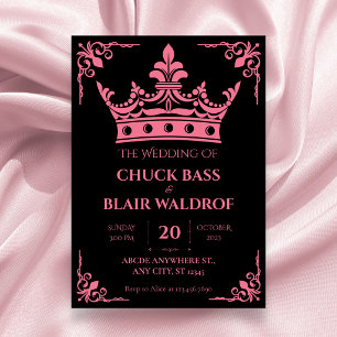 Black pink crown wedding invitation
