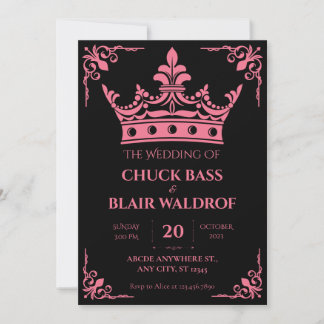 Black pink crown wedding  invitation