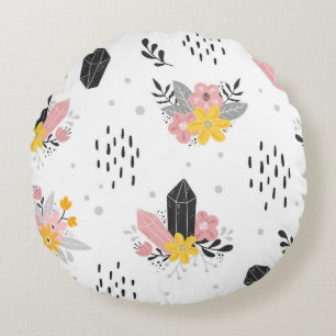 Black, pink crystals, floral seamless. round pillow