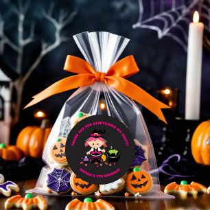 Black Pink Cute Girl Halloween Birthday Witch Classic Round Sticker