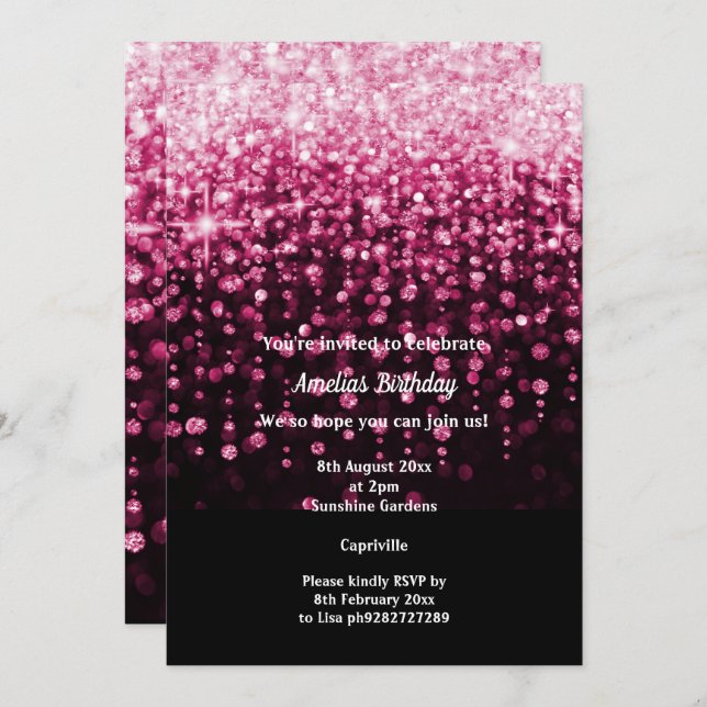 BLACK PINK DIAMOND WATERFALL BIRTHDAY PARTY INVITA INVITATION (Front/Back)