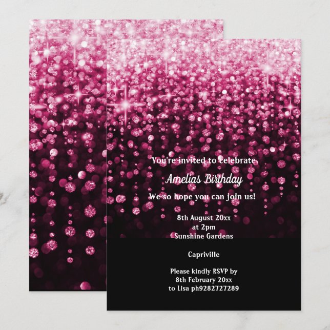 BLACK PINK DIAMOND WATERFALL BIRTHDAY PARTY INVITATION (Front/Back)
