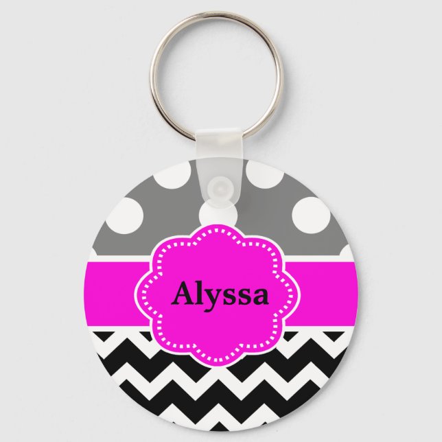 Black Pink Dots Chevron Personalized Keychain (Front)