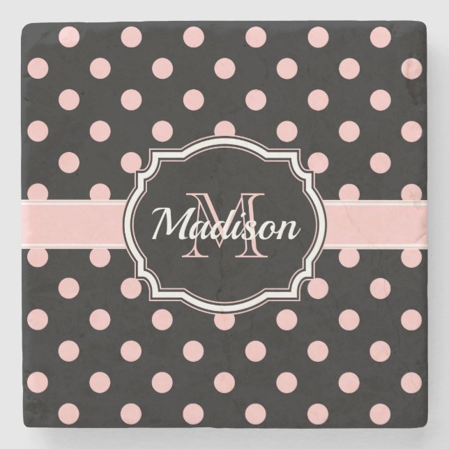 Black & Pink Dots Stone Coaster (Front)