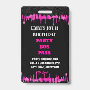 Black Pink Dripping Glitter 18 Birthday VIP Pass  Badge