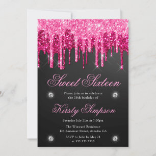 Black & Pink Dripping Glitter Sweet Sixteen Invitation