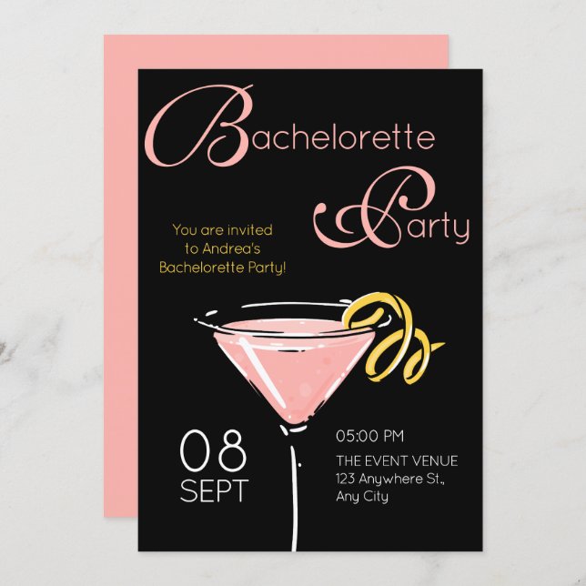 Black pink fancy cocktail bachelorette invitation (Front/Back)