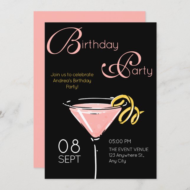 Black pink fancy cocktail birthday invitation (Front/Back)