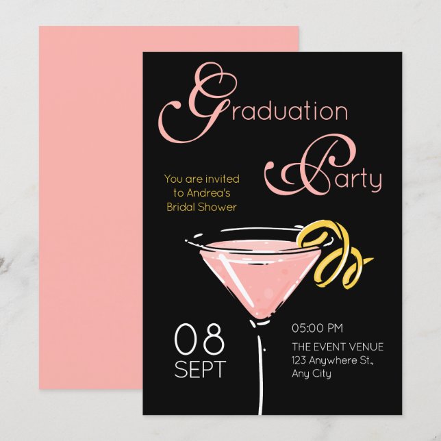 Black pink fancy cocktail graduation invitation (Front/Back)