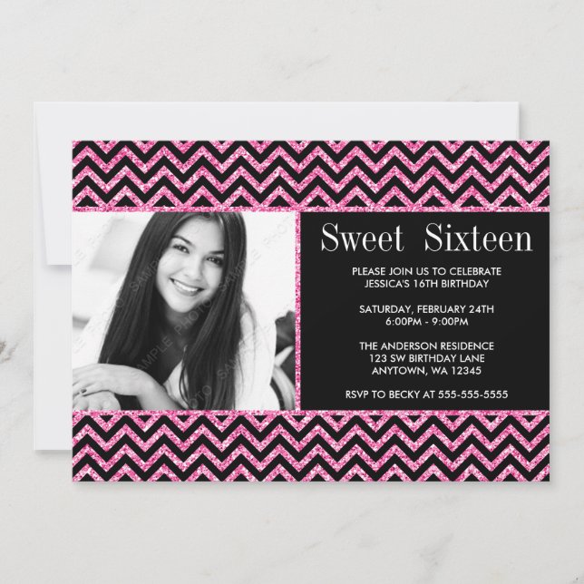Black Pink Faux Glitter Chevron Sweet 16 Photo Invitation (Front)