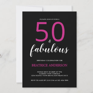  Black Pink Fifty and Fabulous Fiftieth Birthday Invitation