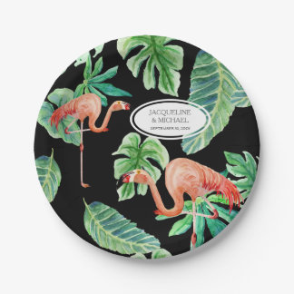 Black Pink Flamingo Bridal Shower Decor Watercolor Paper Plate